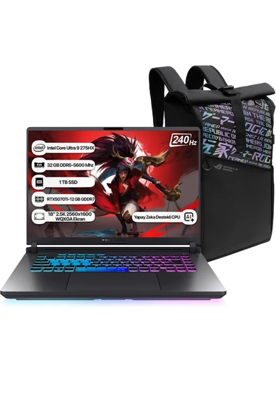 Asus Rog Strix G18 G815LR-S9155 Intel Core Ultra 9 275HX NPU 13 TOPS 32GB 1TB SSD RTX5070Ti-12GB Freedos 18" 2.5K 240Hz WQXGA Taşınabilir Bilgisayar