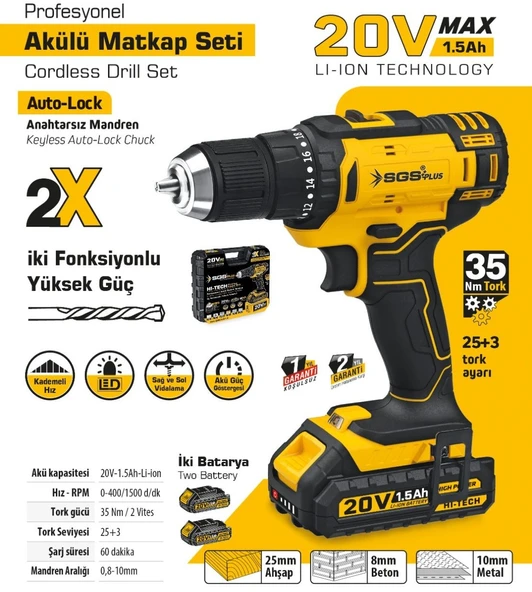SGS5249 - 20 Volt 1.5 Amper Akülü Darbesiz Matkap Vidalama Seti Çift Akülü - 2