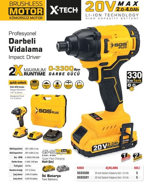 SGS5500 - 20 Volt 2 Amper Akülü Darbeli Vidalama Seti Kömürsüz Motor 330Nm - 2