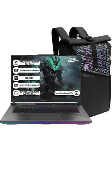 Asus Rog Strix G16 G614FR-S5111 Ryzen 9 9955HX 32GB 1TB SSD RTX5070Ti-12GB Dos 16" 240Hz WQXGA Taşınabilir Bilgisayar