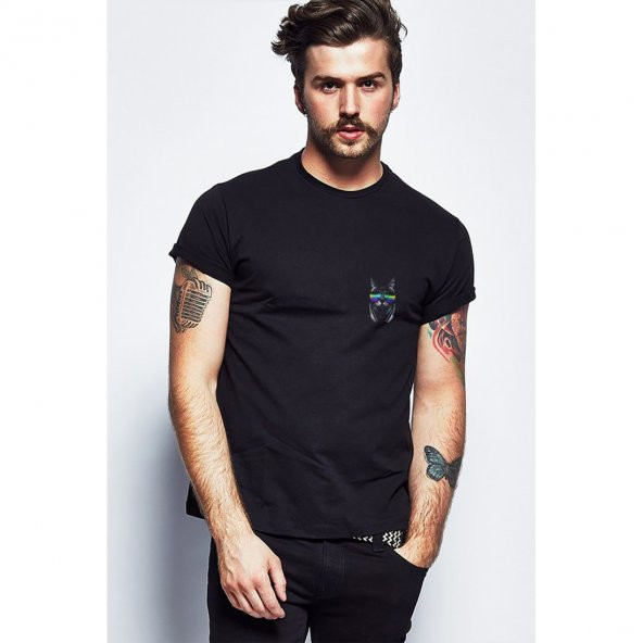 DJ Kedi Gözlük Kulaklık Göğüs Baskılı Siyah Erkek Örme Tshirt - 1