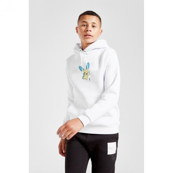Pokemon Karakter Çizimi Minun Pokemon Baskılı Unisex Çocuk Kapüşonlu Beyaz Sweatshirt