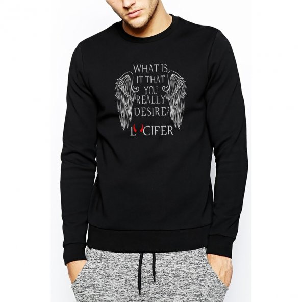 Lucifer What İs İt That You Baskılı Siyah Erkek Örme Sweatshirt Uzun kol