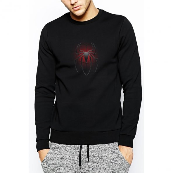 Spider Baskılı Siyah Erkek Örme Sweatshirt Uzun kol