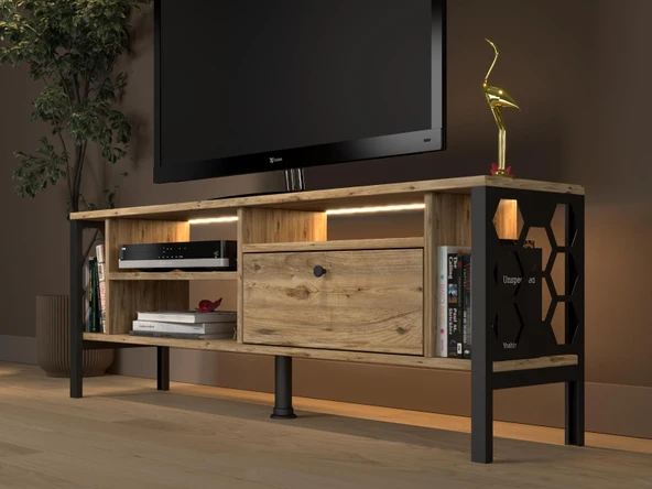 Lotus Led Işıklı Özel Tasarım Metal Ayaklı Minifiksli Tv Ünitesi - Tv Sehpası 140 Cm - 4