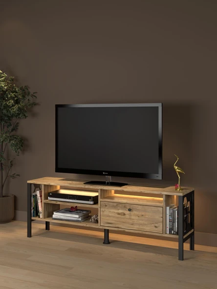 Lotus Led Işıklı Özel Tasarım Metal Ayaklı Minifiksli Tv Ünitesi - Tv Sehpası 140 Cm
