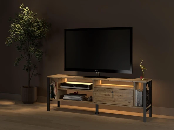 Lotus Led Işıklı Özel Tasarım Metal Ayaklı Minifiksli Tv Ünitesi - Tv Sehpası 140 Cm - 3