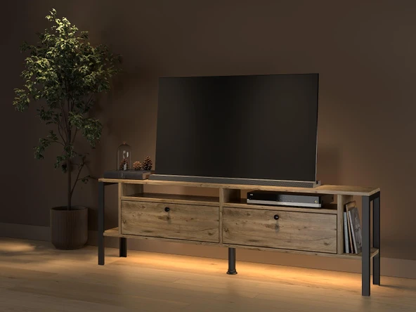 Luce Plus Eko Led Işıklı Dolaplı Metal Ayaklı Minifiksli Tv Ünitesi - Tv Sehpası 160 Cm - 3