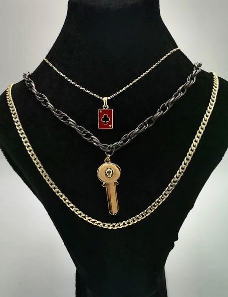 Üçlü  Sarı  Renk Zincirli Figürlü Lüks Kararmaz Kolye