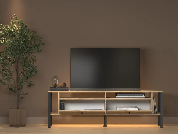Luce Plus Eko Led Işıklı Dolaplı Metal Ayaklı Minifiksli Tv Ünitesi - Tv Sehpası 160 Cm - 5