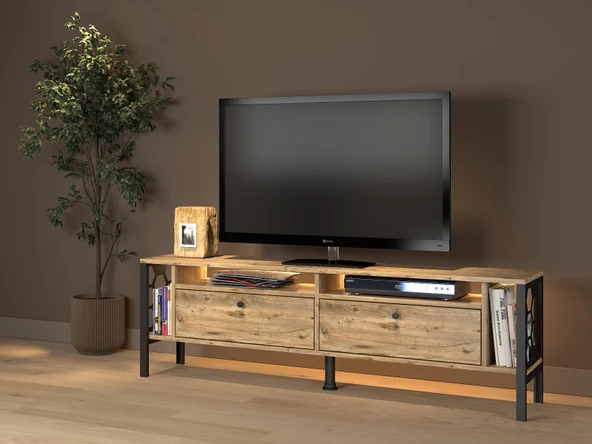 Roma Led Işıklı  Özel Tasarım Metal Ayaklı Minifiksli Tv Ünitesi - Tv Sehpası 160 Cm - 4