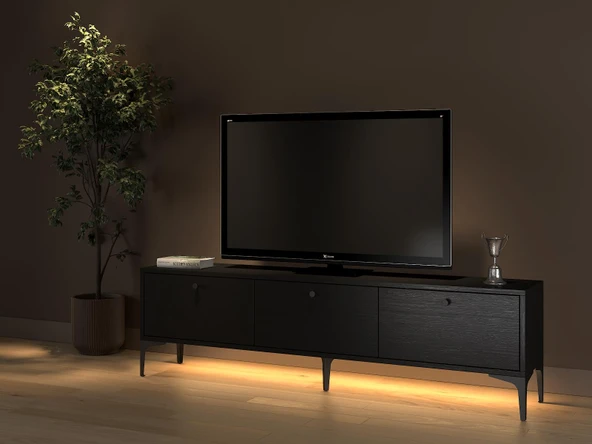 Paris Led Işıklı Dolaplı Minifiksli 160 Cm Tv Ünitesi - Tv Sehpası - Wood Siyah - 3