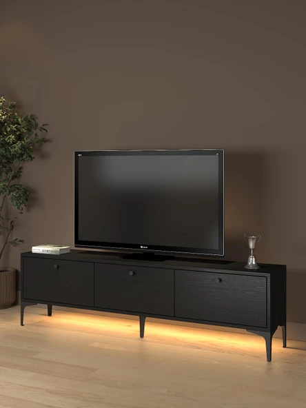 Paris Led Işıklı Dolaplı Minifiksli 160 Cm Tv Ünitesi - Tv Sehpası - Wood Siyah