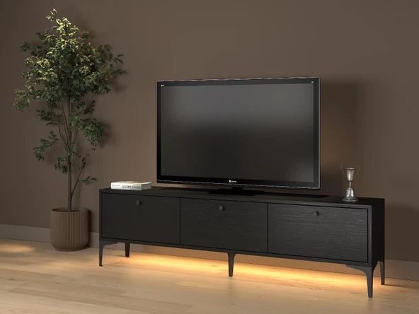 Paris Led Işıklı Dolaplı Minifiksli 160 Cm Tv Ünitesi - Tv Sehpası - Wood Siyah - 2