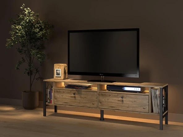 Roma Led Işıklı  Özel Tasarım Metal Ayaklı Minifiksli Tv Ünitesi - Tv Sehpası 160 Cm - 3