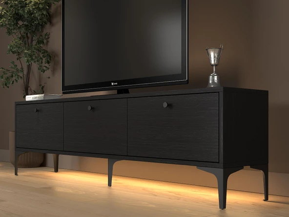 Paris Led Işıklı Dolaplı Minifiksli 160 Cm Tv Ünitesi - Tv Sehpası - Wood Siyah - 4