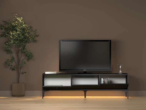 Paris Led Işıklı Dolaplı Minifiksli 160 Cm Tv Ünitesi - Tv Sehpası - Wood Siyah - 5