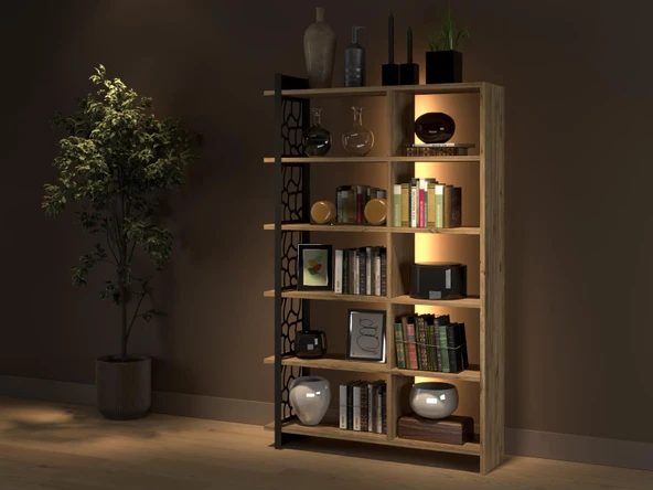 Atlantis Led Işıklı Kumandalı Özel Tasarım Metal Ayaklı Kitaplık - Atlantik Çam - 4