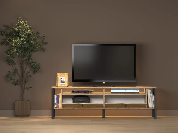 Roma Led Işıklı  Özel Tasarım Metal Ayaklı Minifiksli Tv Ünitesi - Tv Sehpası 160 Cm - 5