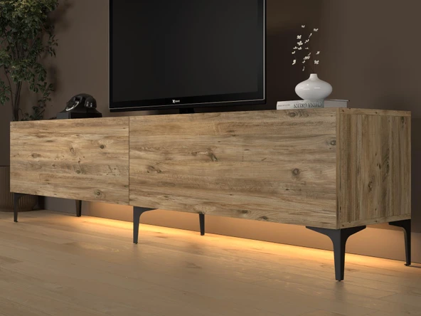 Napoli 200 Cm Led Işıklı Geniş Dolaplı Minifiksli  Tv Ünitesi - Tv Sehpası - Atlantik Çam - 4