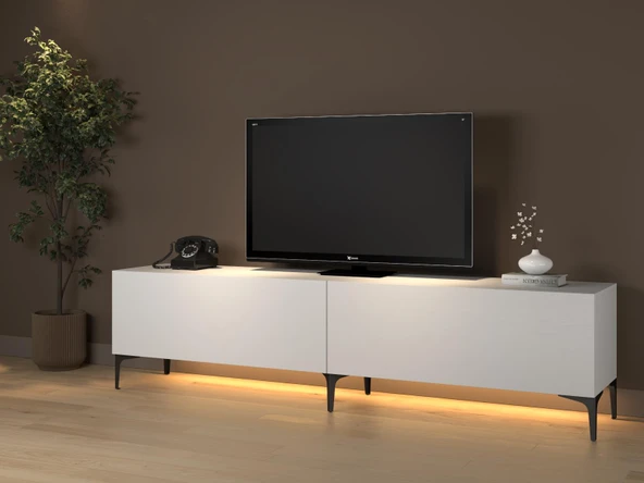 Napoli 200 Cm Led Işıklı Geniş Dolaplı Minifiksli Tv Ünitesi - Tv Sehpası - Beyaz - 4