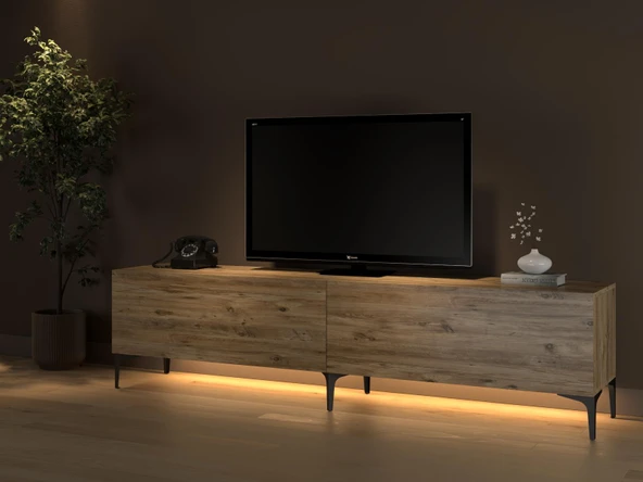 Napoli 200 Cm Led Işıklı Geniş Dolaplı Minifiksli  Tv Ünitesi - Tv Sehpası - Atlantik Çam - 3