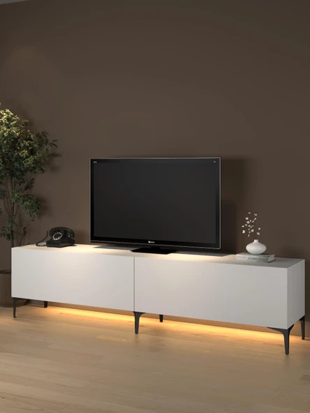 Napoli 200 Cm Led Işıklı Geniş Dolaplı Minifiksli Tv Ünitesi - Tv Sehpası - Beyaz