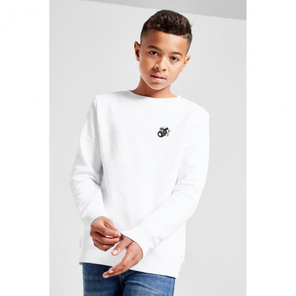 Fotoğraf Makinesi Karakalem Çizim Baskılı Unisex Çocuk Beyaz Sweatshirt
