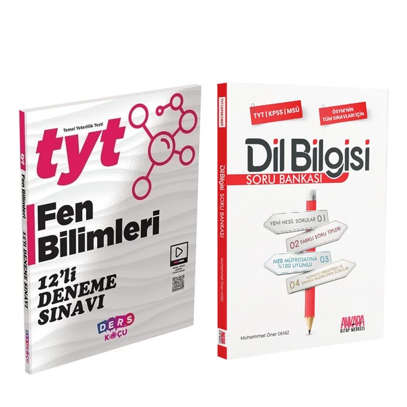Ders Koçu TYT Fen Bilimleri 12 li Deneme ve AKM Dil Bilgisi Soru Bankası Seti 2 Kitap