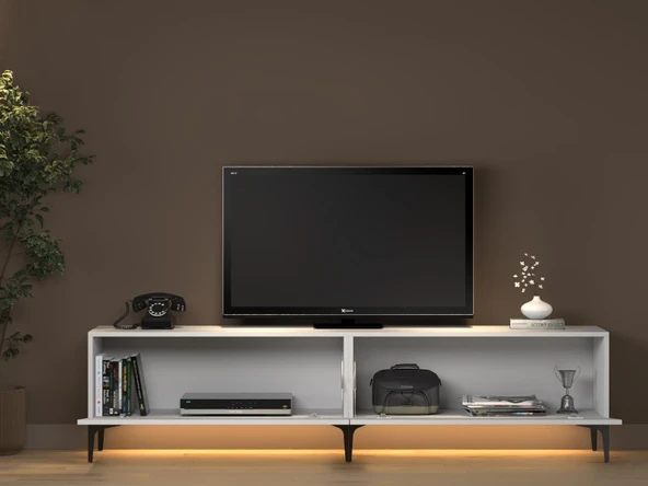 Napoli 200 Cm Led Işıklı Geniş Dolaplı Minifiksli Tv Ünitesi - Tv Sehpası - Beyaz - 5