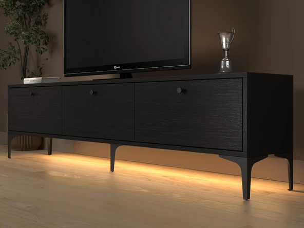 Venüs Led Işıklı Dolaplı Minifiksli 180 Cm Geniş Tv Ünitesi - Tv Sehpası - Wood Siyah - 4