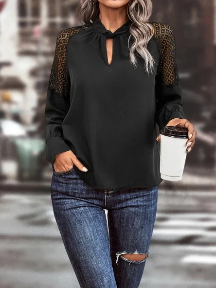 Lucky Life Kadın Uzun Kollu Anahtar Deliği Yaka Reglan Kol Dantel Detaylı Ithal Krep Bluz - Resim 6