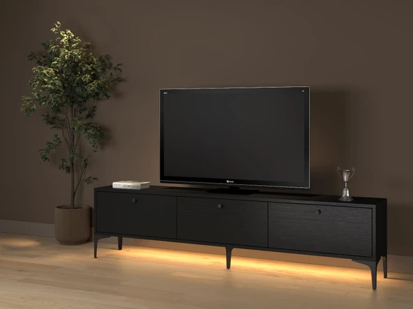 Venüs Led Işıklı Dolaplı Minifiksli 180 Cm Geniş Tv Ünitesi - Tv Sehpası - Wood Siyah - 2