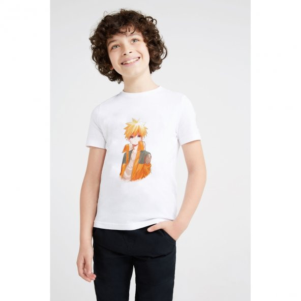 Anime Naruto Baskılı Unisex Çocuk Beyaz t-shirt