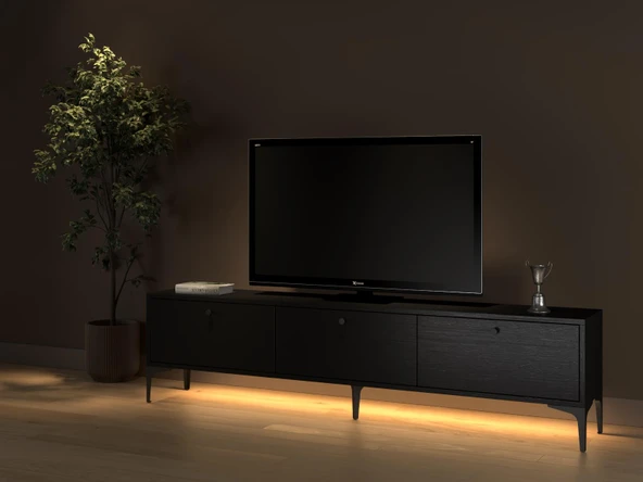 Venüs Led Işıklı Dolaplı Minifiksli 180 Cm Geniş Tv Ünitesi - Tv Sehpası - Wood Siyah - 3