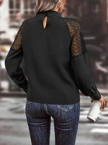Lucky Life Kadın Uzun Kollu Anahtar Deliği Yaka Reglan Kol Dantel Detaylı Ithal Krep Bluz - Resim 5