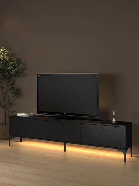 Venüs Led Işıklı Dolaplı Minifiksli 180 Cm Geniş Tv Ünitesi - Tv Sehpası - Wood Siyah - 1