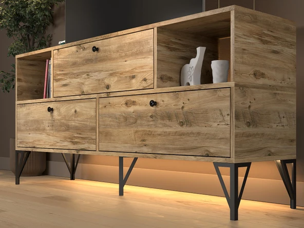 Mila Led Işıklı Dolaplı Minifiksli 160 Cm Konsol - Tv Ünitesi - Tv Sehpası - Atlantik Çam - 4