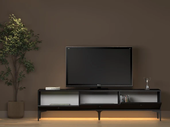 Venüs Led Işıklı Dolaplı Minifiksli 180 Cm Geniş Tv Ünitesi - Tv Sehpası - Wood Siyah - 5