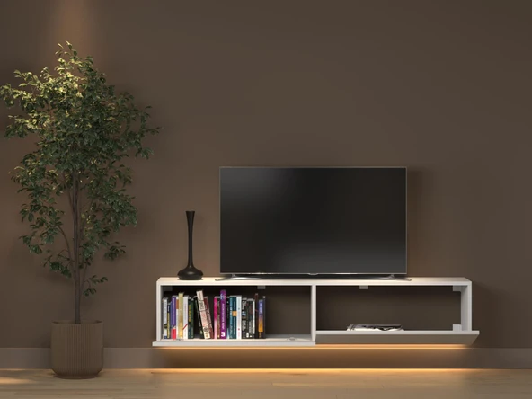 Rami Duvara Monte Led Işıklı, Dolaplı Tv Ünitesi - Tv Sehpası - Minifiksli - Beyaz - Resim 5