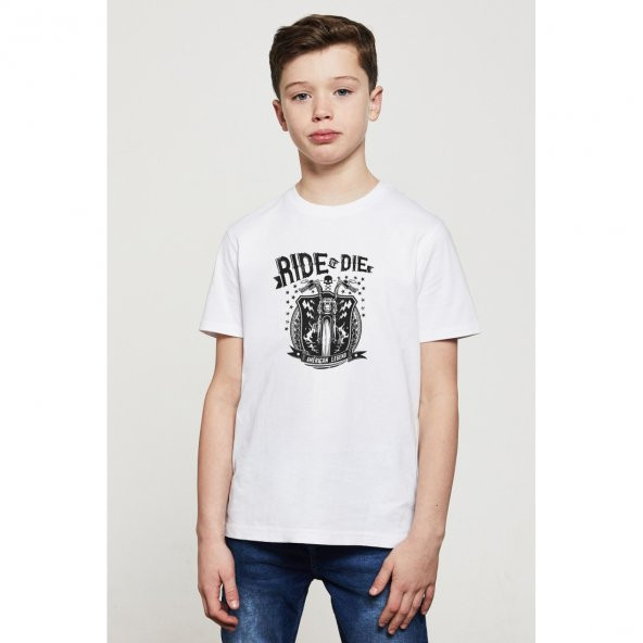 Ride Or Die Motorsiklet Motor Baskılı Unisex Çocuk Beyaz t-shirt - 1