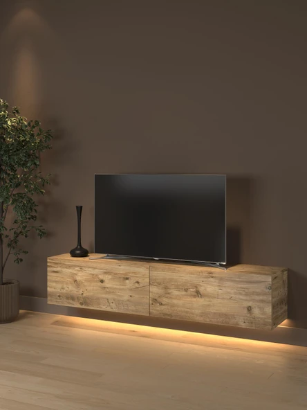Rami Duvara Monte Led Işıklı, Dolaplı Tv Ünitesi - Tv Sehpası - Minifiksli - Atlantik Çam