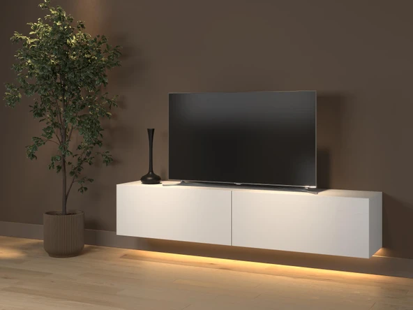 Rami Duvara Monte Led Işıklı, Dolaplı Tv Ünitesi - Tv Sehpası - Minifiksli - Beyaz - Resim 2