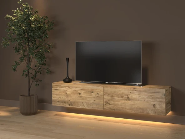 Rami Duvara Monte Led Işıklı, Dolaplı Tv Ünitesi - Tv Sehpası - Minifiksli - Atlantik Çam - 2