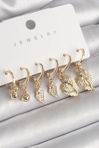 Pirinç Gold Renk Sallantı Zirkon Taşlı Kanat Model Topçuk Detay Kadın Küpe Seti - TJ-BKP10286