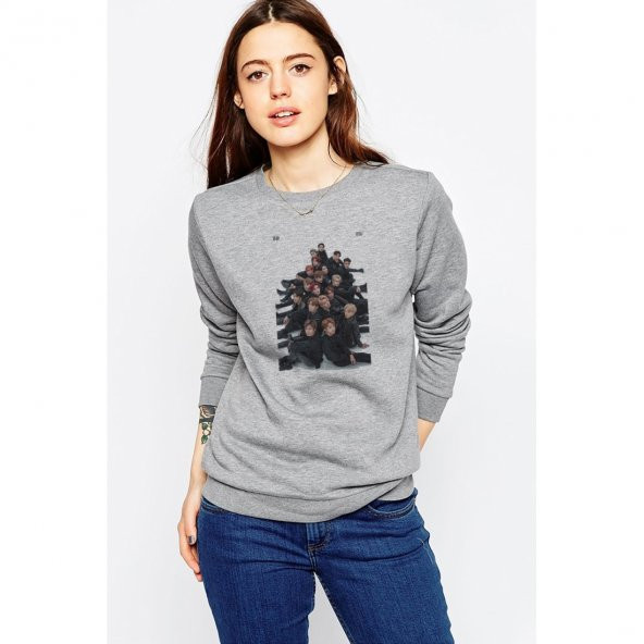 NCT Kpop K-pop Baskılı Gri Kadın Örme Sweatshirt Uzun kol