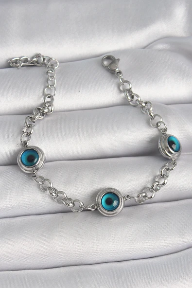 316L Çelik Gümüş Renk Zincir Model Nazar Boncuklu Kadın Bileklik - TJ-BB6653 ürün görseli 1