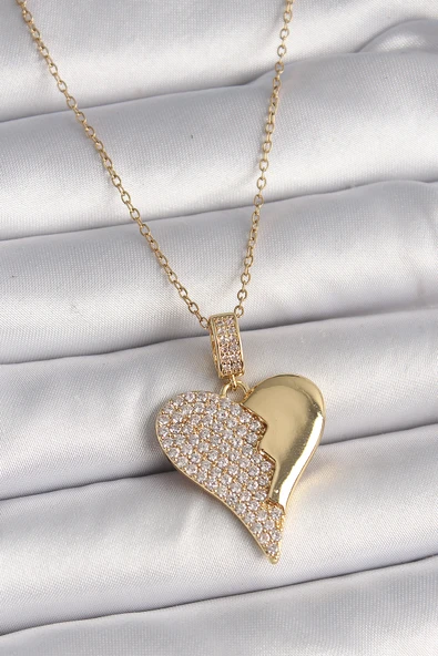 316L Çelik Gold Renk Zincir Zirkon Taşlı Kırık Kalp Model Kadın Kolye - TJ-BKO9757 ürün görseli 1