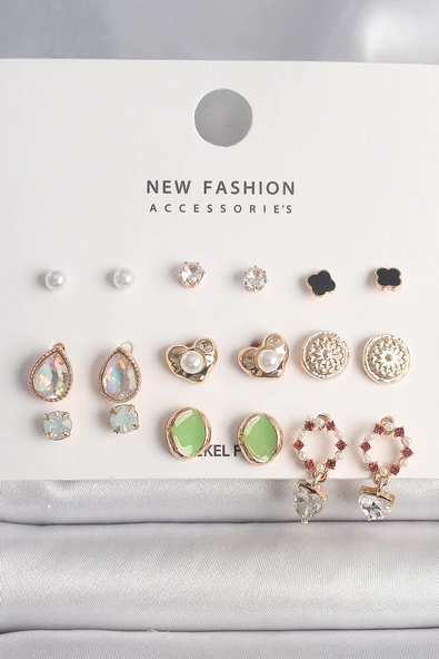 Pirinç Gold Renk Damla Zirkon Taşlı İncili Kalp Detay 9 Çift Kadın Küpe Seti - TJ-BKP10181 ürün görseli 1