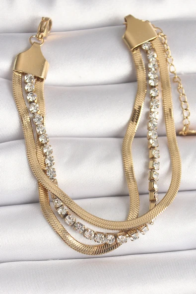 316L Çelik Gold Renk 2'Li İtalyan Zincir Model Zirkon Taşlı Kadın Bileklik - TJ-BB6772 ürün görseli 1